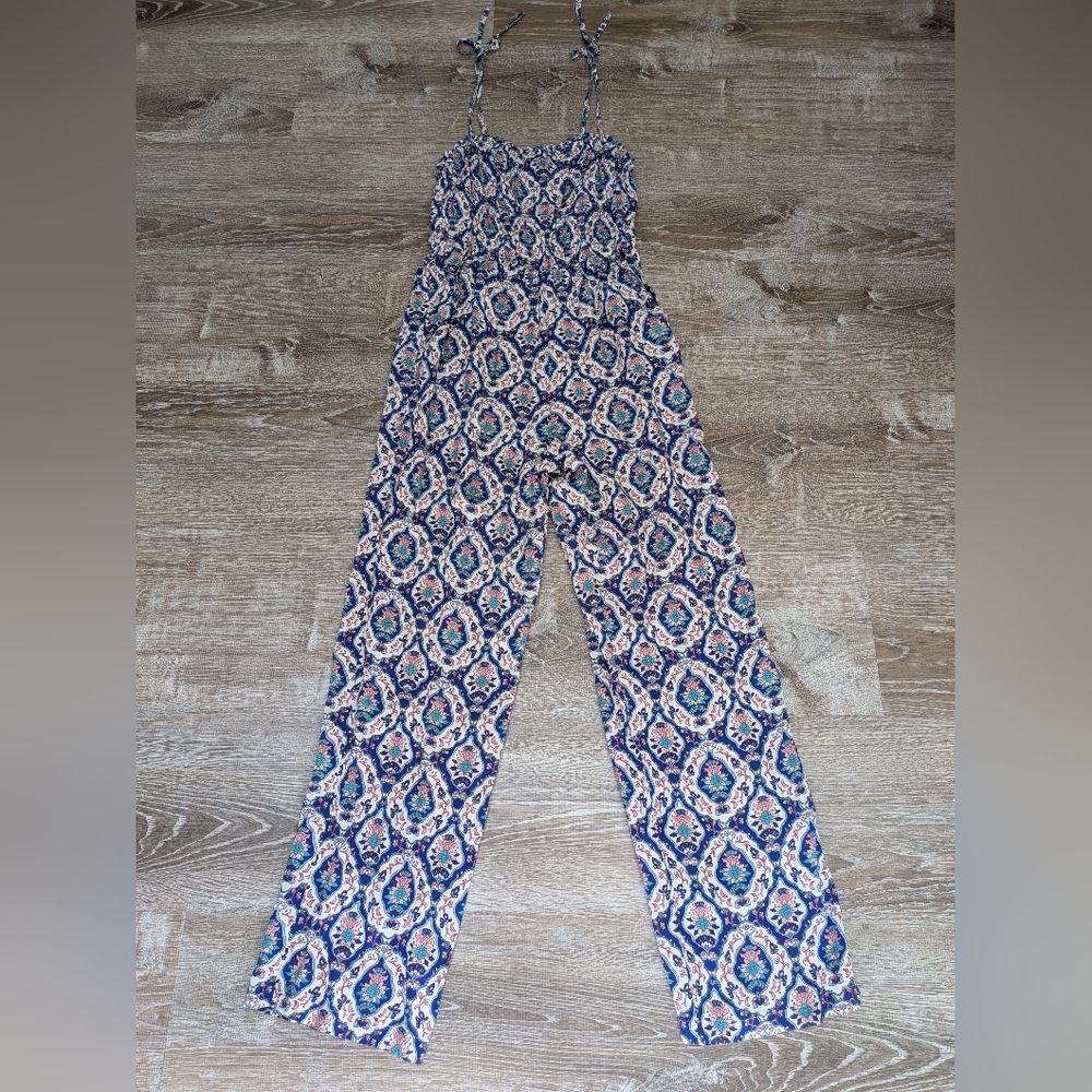 NEW Japna Blue Pink Cream Floral Boho Medallion Straight Leg Jumpsuit Size Small